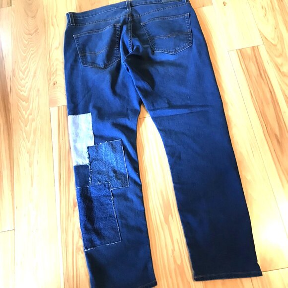 Men’s Patchwork Jeans, Size 36-30: Upcycled Distressed Denim on Denim Patches - Picture 8 of 10